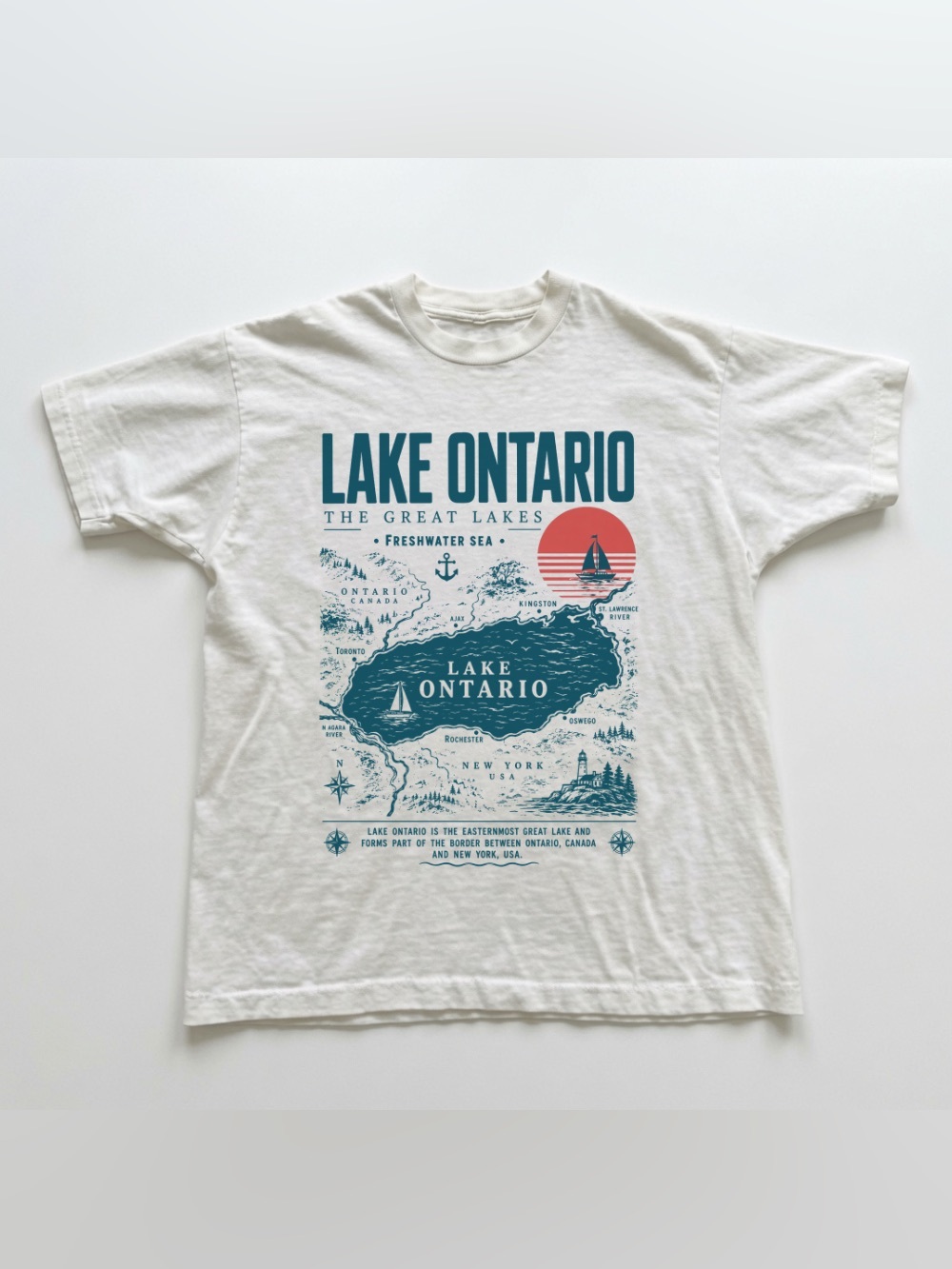 Lake Ontario The Great Lakes Map White Coastal Travel Graphic T-Shirt